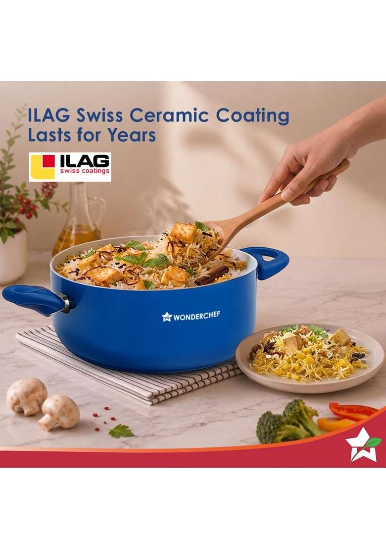 Wonderchef Natura Ceramic Casserole and Glass Lid for Cooking | 4.5 L | 4.8 Qt | 24 cm | 9.4 Inch | Induction Compatible | PFOA Free | Non-Toxic - Indya