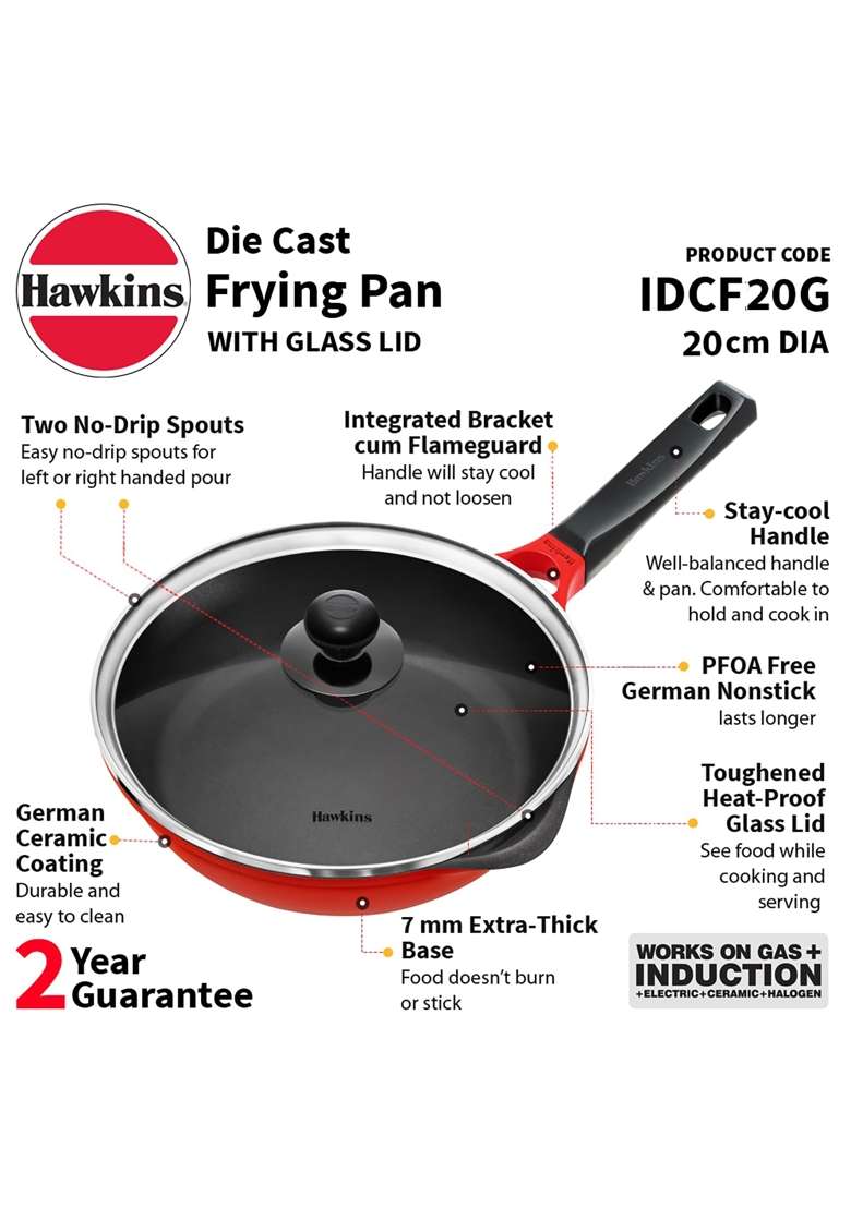 Hawkins Frying Pan Die Cast Non Stick Fry Pan with Glass Lid | 20 cm | 7.9 Inch | Induction Compatible - Indya