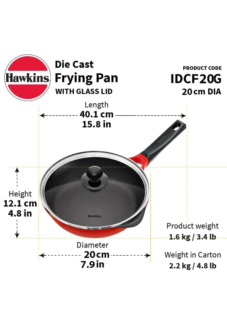 Hawkins Frying Pan Die Cast Non Stick Fry Pan with Glass Lid | 20 cm | 7.9 Inch | Induction Compatible - Indya