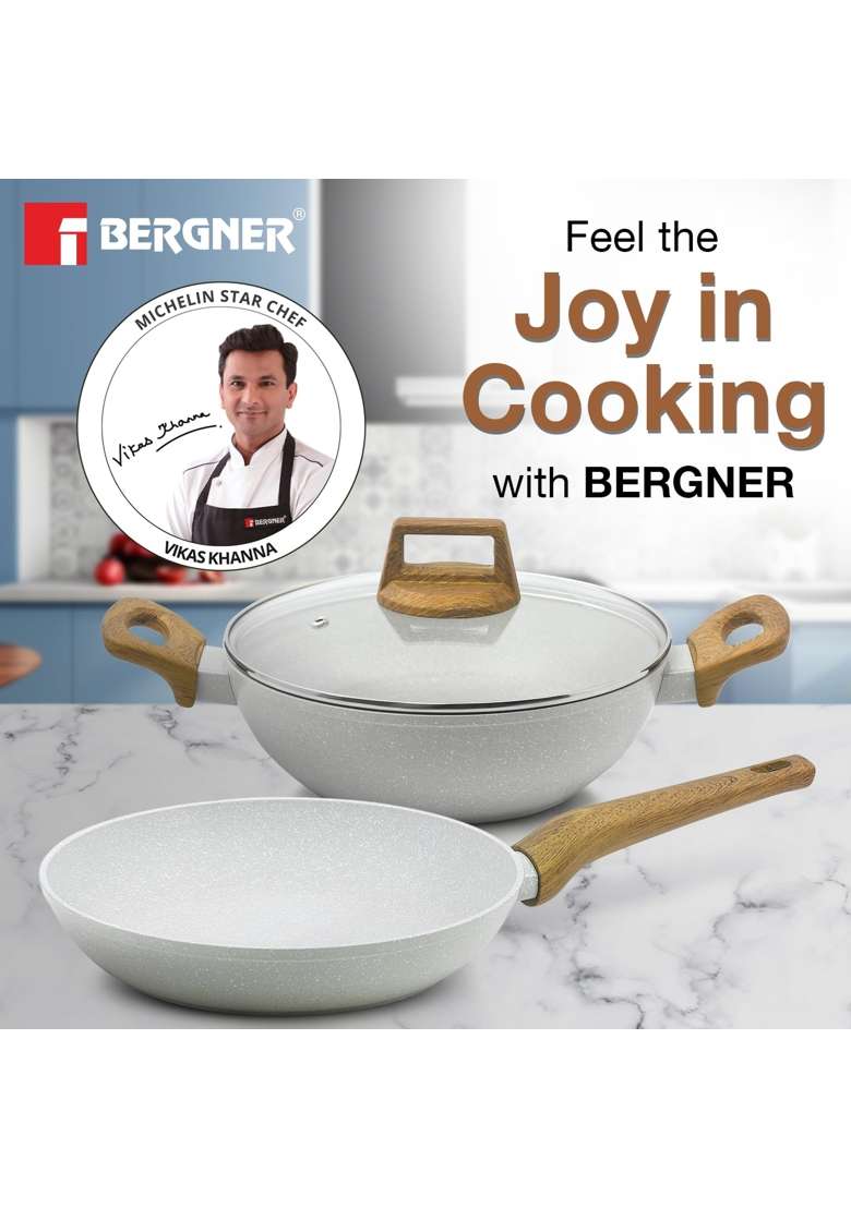 BERGNER Naturally Forged Nonstick Cookware Set of Kadai Wok | 2 L | 2.1 Qt | 24 cm | 9.4 Inch | 24-Piece Set | Induction Compatible | With Lid - Indya