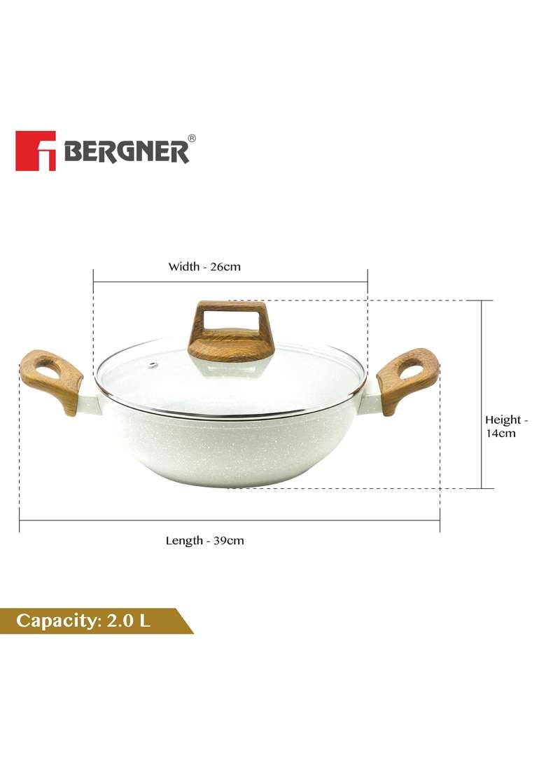 BERGNER Naturally Forged Nonstick Cookware Set of Kadai Wok | 2 L | 2.1 Qt | 24 cm | 9.4 Inch | 24-Piece Set | Induction Compatible | With Lid - Indya