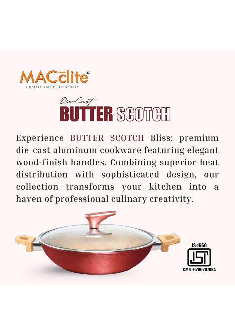 MACclite Butter Scotch Die Cast Triumph Non Stick Kadhai with Glass Lid Dia | 3 L | 3.2 Qt | 26 cm | 10.2 Inch | Induction Compatible | Dishwasher Safe - Indya