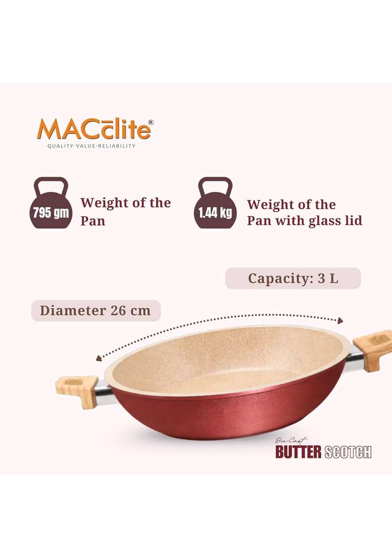 MACclite Butter Scotch Die Cast Triumph Non Stick Kadhai with Glass Lid Dia | 3 L | 3.2 Qt | 26 cm | 10.2 Inch | Induction Compatible | Dishwasher Safe - Indya