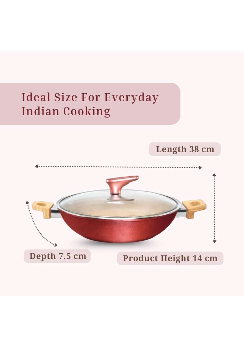 MACclite Butter Scotch Die Cast Triumph Non Stick Kadhai with Glass Lid Dia | 3 L | 3.2 Qt | 26 cm | 10.2 Inch | Induction Compatible | Dishwasher Safe - Indya