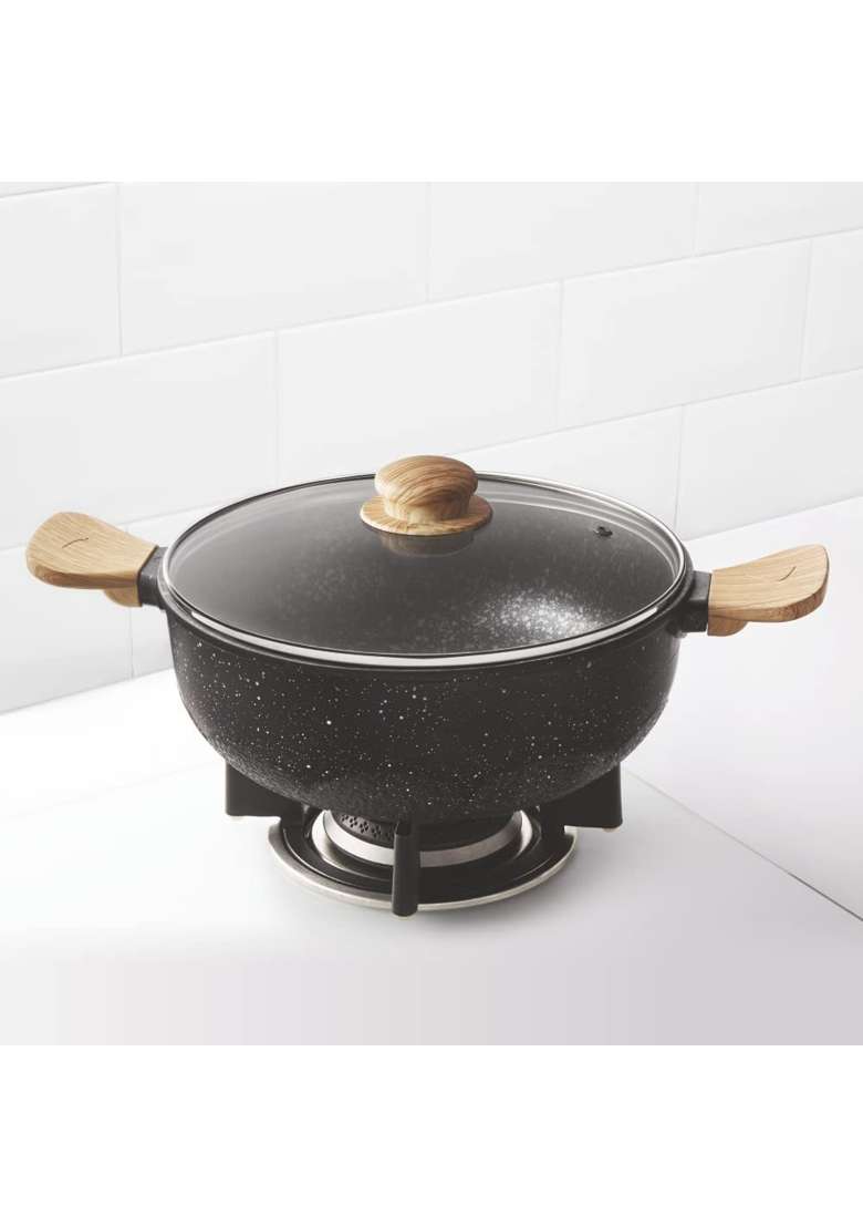 Borosil Vajra Die-Cast Non-Stick Aluminium Kadhai Wok with Lid and Wooden Handles | 2.5 L | 2.6 Qt | Induction Compatible - Indya
