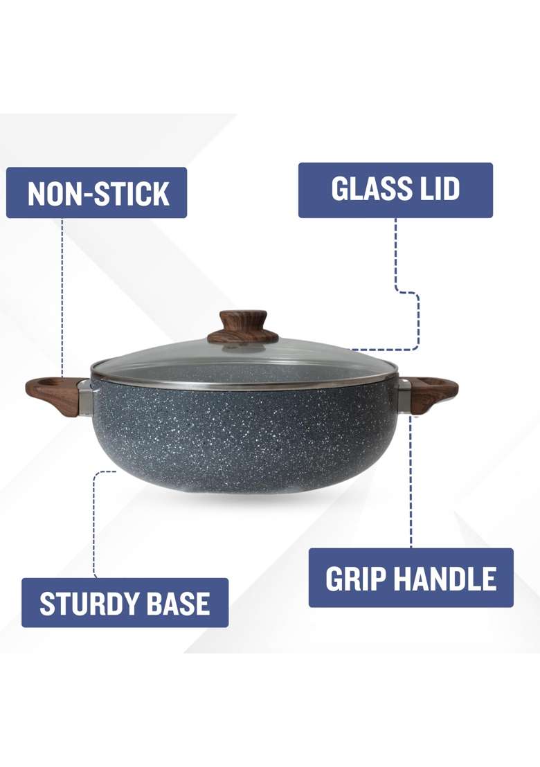 PLUMM Get Kadhai Wok with Glass Lid | 2.8 L | 3 Qt | 20 cm | 7.9 Inch | Induction Compatible | Non-Stick - Indya