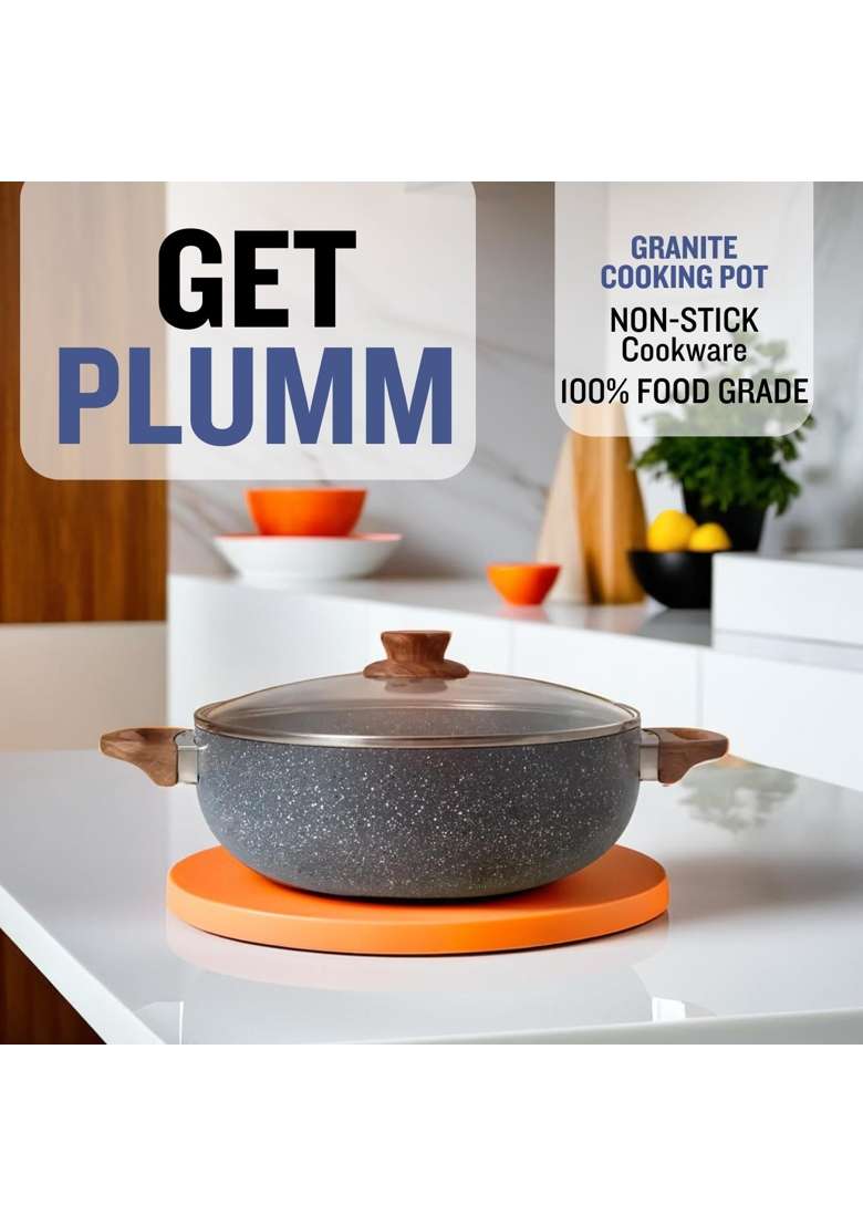 PLUMM Get Kadhai Wok with Glass Lid | 2.8 L | 3 Qt | 20 cm | 7.9 Inch | Induction Compatible | Non-Stick - Indya