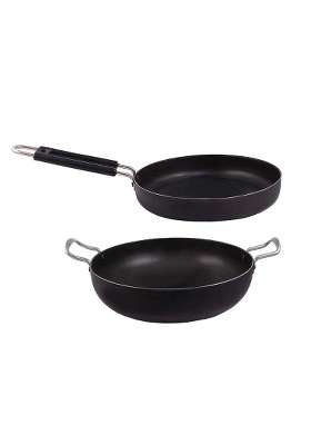 KITCHEN SHOPEE Iron Cookware Set 2 Combo Kadai Wok Cooking Deep Kadhai Heavy Base Multipurpose Use | 4 L | 4.2 Qt | Induction Compatible