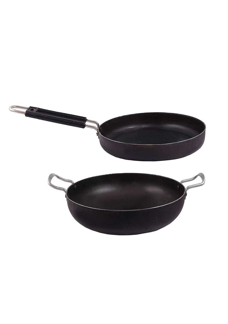 KITCHEN SHOPEE Iron Cookware Set 2 Combo Kadai Wok Cooking Deep Kadhai Heavy Base Multipurpose Use | 4 L | 4.2 Qt | Induction Compatible - Indya
