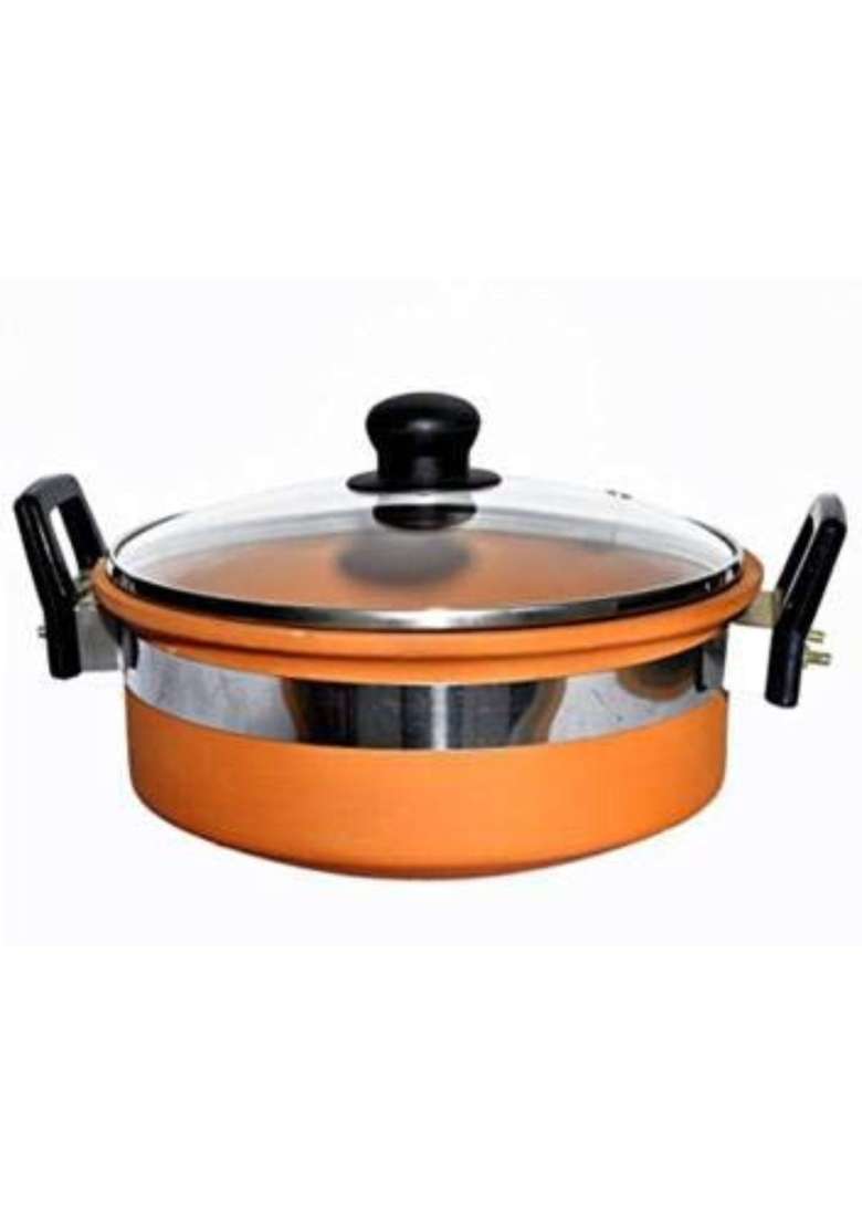 Bhanvi Earthen Terracotta Mitti Clay Kadhai Wok for Curry Dal Frying with Glass Lid | 1.8 L | 1.9 Qt - Indya