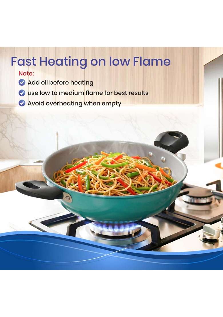 DOZY Elite Premium Non-Stick Deep Kadhai Wok with Cool-Touch Handles | 1 L | 1.1 Qt | 28 cm | 11 Inch | Induction Compatible - Indya