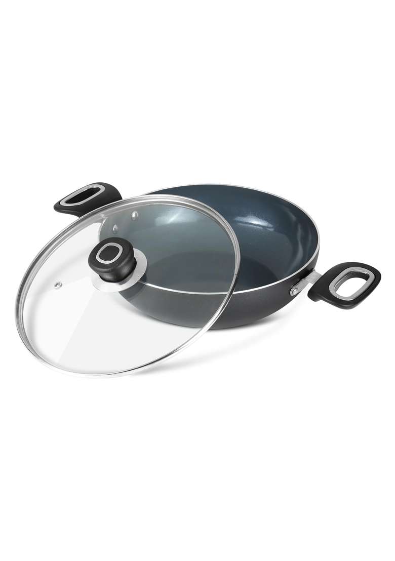 Vinod Zest Ceramica Kadai Wok with Glass Lid | 2.5 L | 2.6 Qt | 24 cm | 9.4 Inch | Induction Compatible | Non-Toxic - Indya