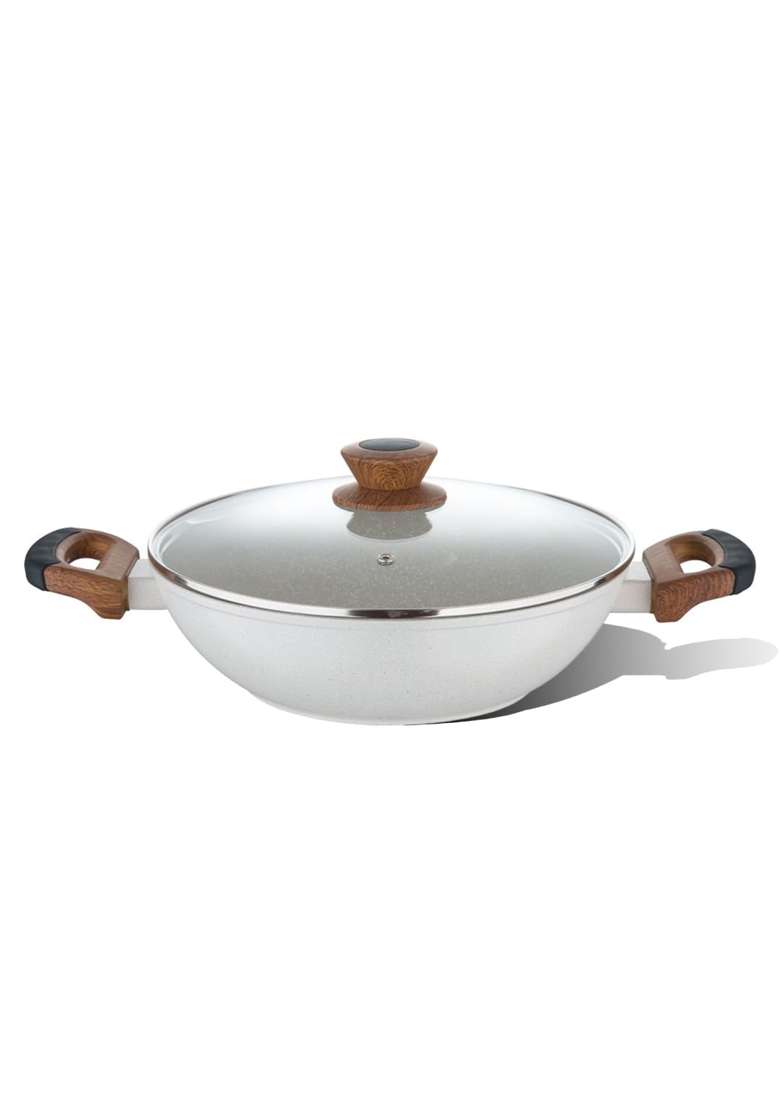 BERGNER Naturally Forged Aluminum Kadai Wok with Glass Lid | 1.2 L | 1.3 Qt | 20 cm | 7.9 Inch | Induction Compatible | Non-Stick - Indya