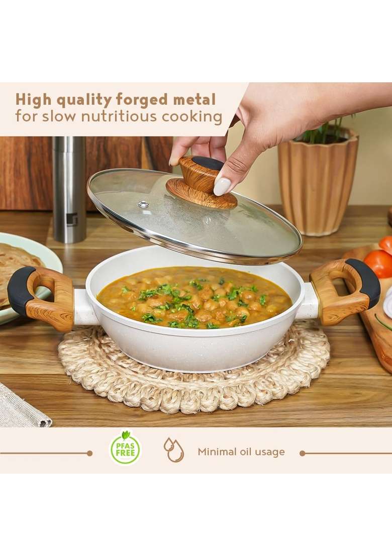 BERGNER Naturally Forged Aluminum Kadai Wok with Glass Lid | 1.2 L | 1.3 Qt | 20 cm | 7.9 Inch | Induction Compatible | Non-Stick - Indya