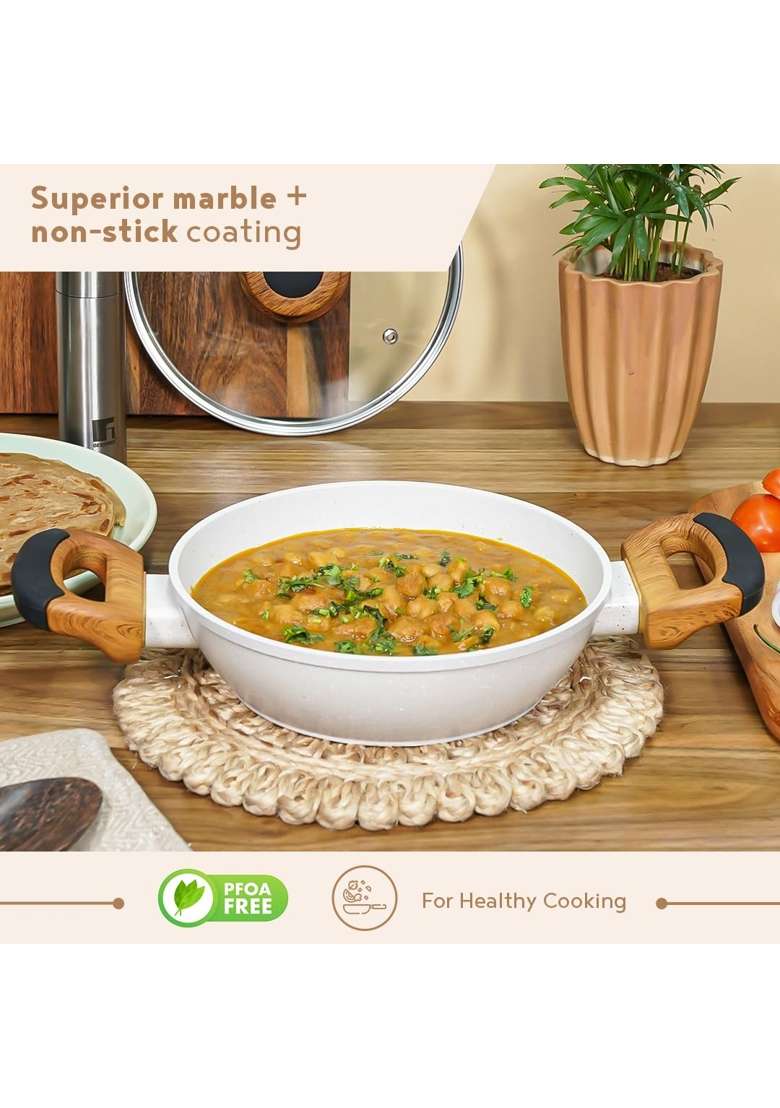 BERGNER Naturally Forged Aluminum Kadai Wok with Glass Lid | 1.2 L | 1.3 Qt | 20 cm | 7.9 Inch | Induction Compatible | Non-Stick - Indya