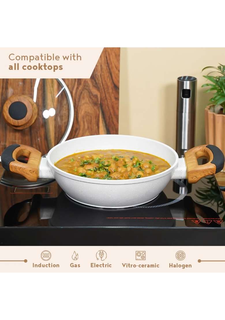 BERGNER Naturally Forged Aluminum Kadai Wok with Glass Lid | 1.2 L | 1.3 Qt | 20 cm | 7.9 Inch | Induction Compatible | Non-Stick - Indya