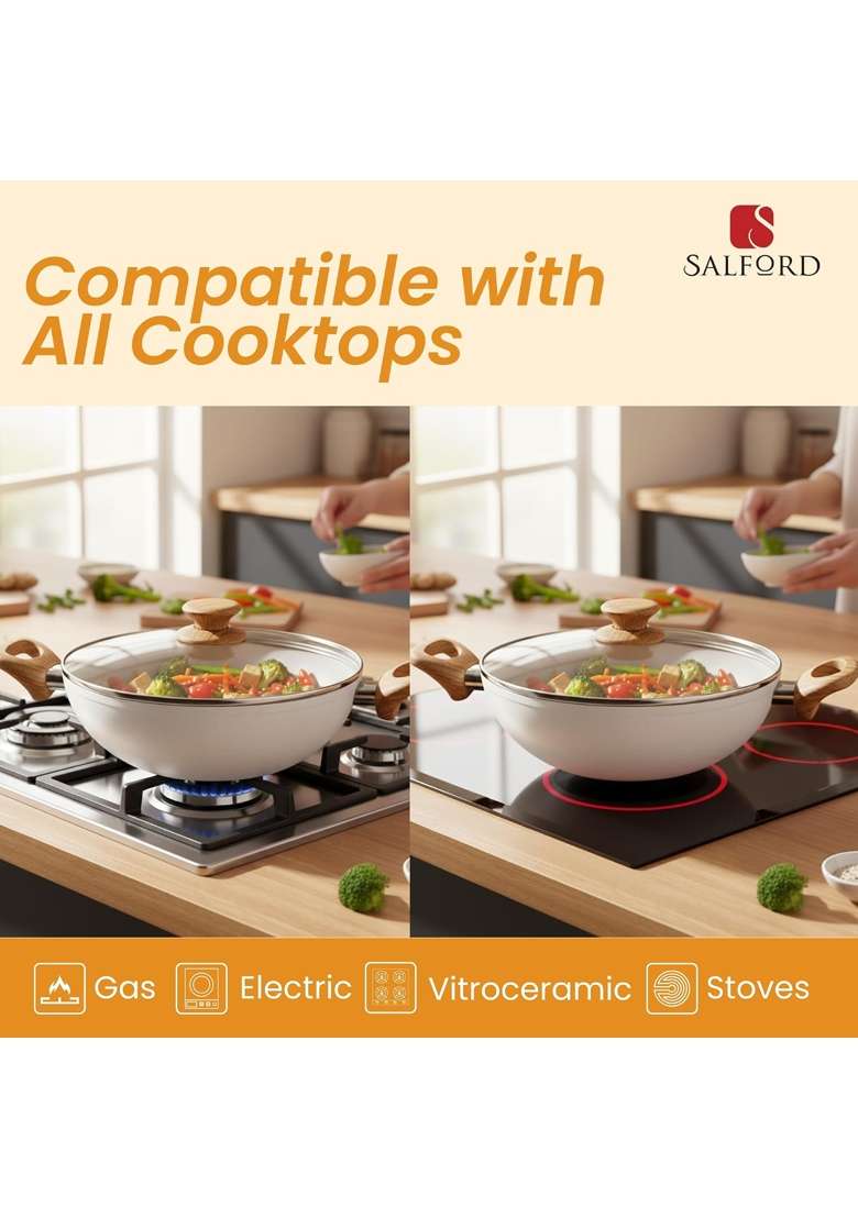 SALFORD Forged Non-Stick Kadai Wok with Glass Lid | 2.5 L | 2.6 Qt | 24 cm | 9.4 Inch | Induction Compatible | PFOA Free - Indya