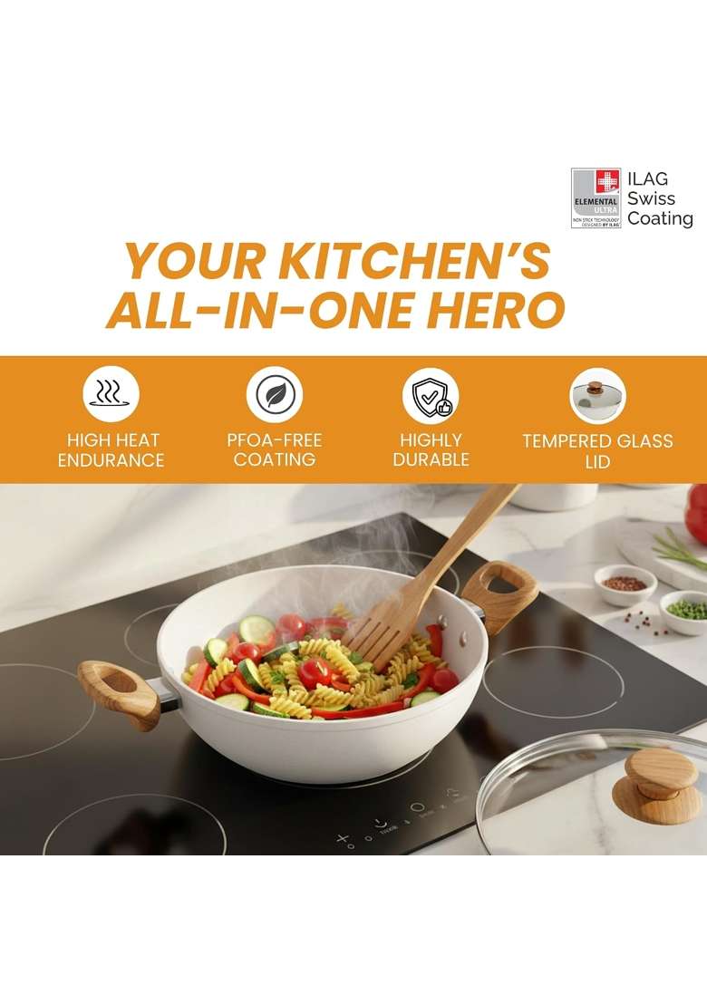 SALFORD Forged Non-Stick Kadai Wok with Glass Lid | 2.5 L | 2.6 Qt | 24 cm | 9.4 Inch | Induction Compatible | PFOA Free - Indya