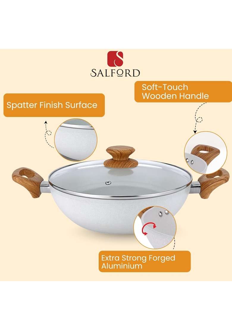 SALFORD Forged Non-Stick Kadai Wok with Glass Lid | 2.5 L | 2.6 Qt | 24 cm | 9.4 Inch | Induction Compatible | PFOA Free - Indya