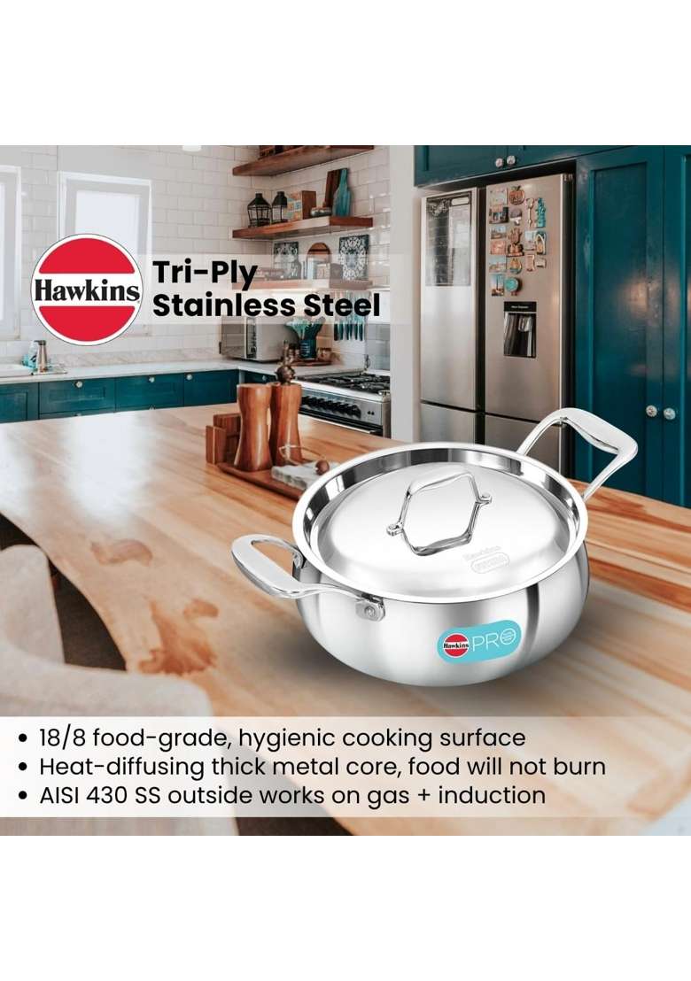 Hawkins Pro Triply Stainless Steel Handi Cooking Pot with Steel Handles and Steel Lid | 3 L | 3.2 Qt - Indya