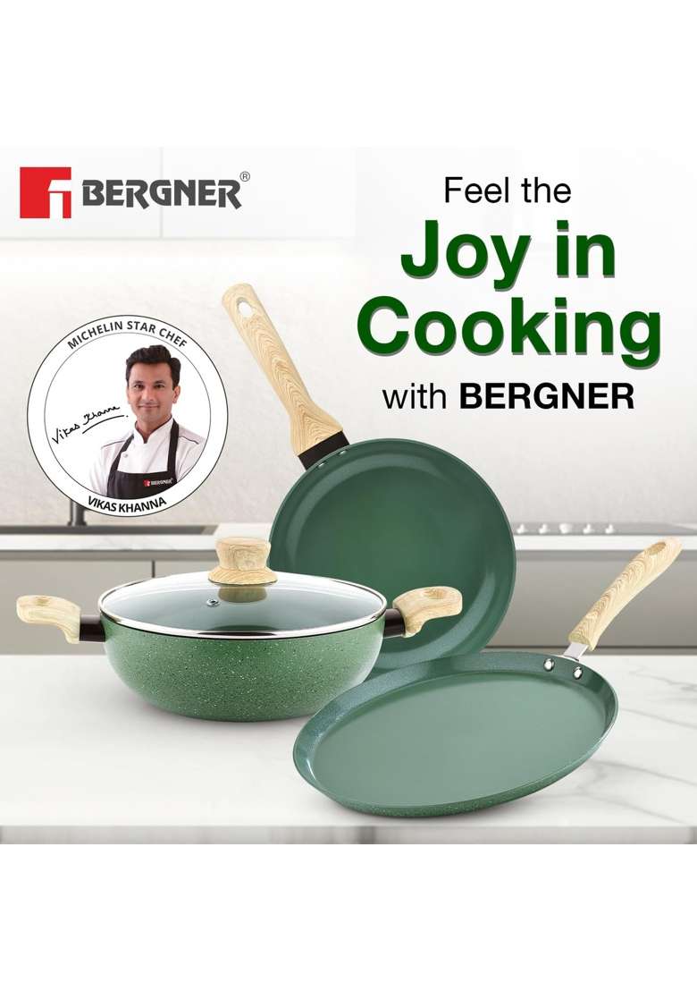 BERGNER Greenfield Non-Stick Cookware Set | 2.5 L | 2.6 Qt | 24 cm | 9.4 Inch | 3-Piece Set | Induction Compatible | With Lid - Indya