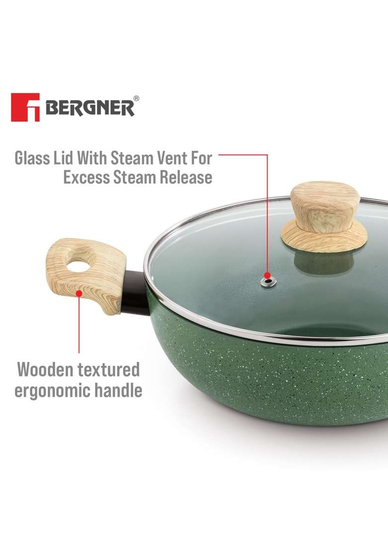 BERGNER Greenfield Non-Stick Cookware Set | 2.5 L | 2.6 Qt | 24 cm | 9.4 Inch | 3-Piece Set | Induction Compatible | With Lid - Indya