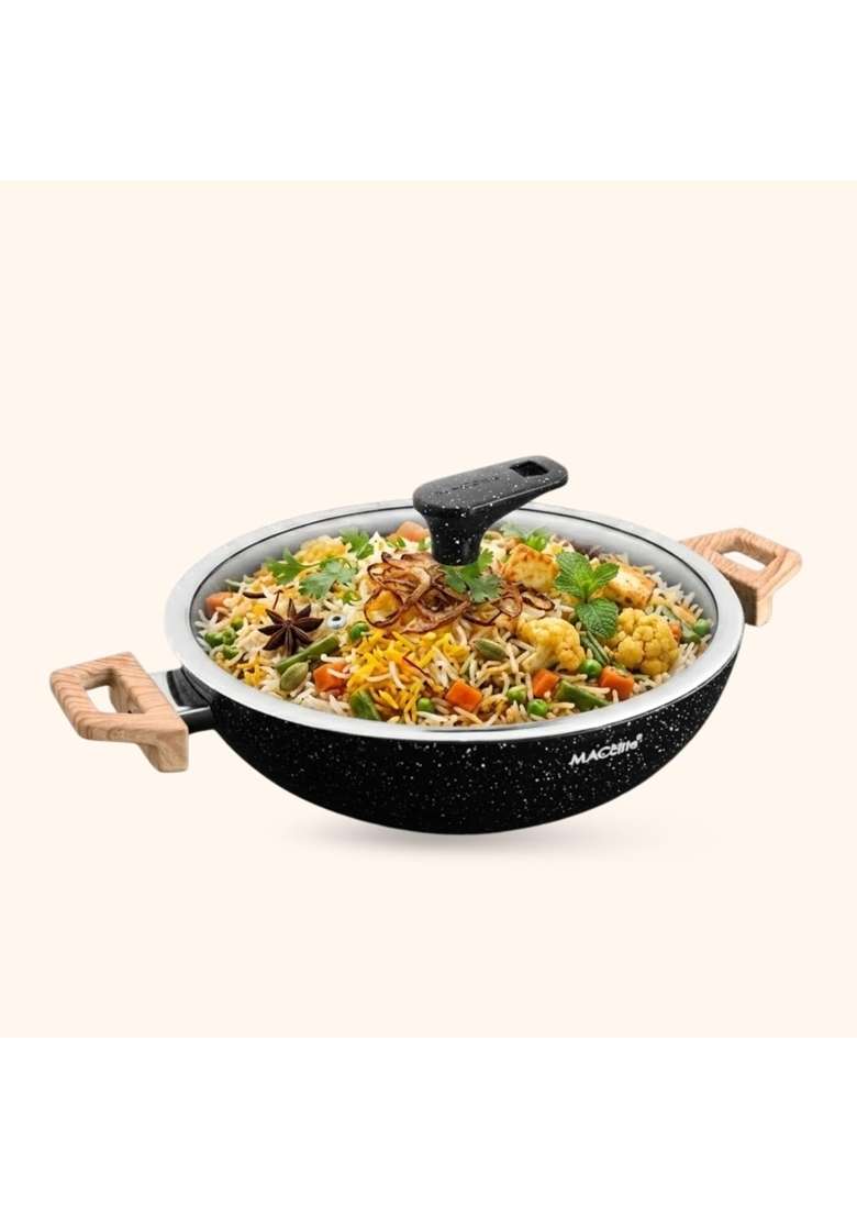 MACclite Hard Rock Die Cast Triumph Non Stick Kadhai with Glass Lid Dia | 3 L | 3.2 Qt | 26 cm | 10.2 Inch | Induction Compatible | Dishwasher Safe - Indya