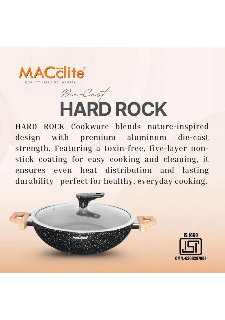MACclite Hard Rock Die Cast Triumph Non Stick Kadhai with Glass Lid Dia | 3 L | 3.2 Qt | 26 cm | 10.2 Inch | Induction Compatible | Dishwasher Safe - Indya