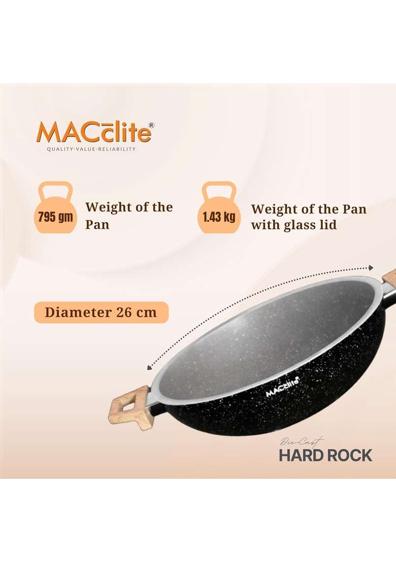 MACclite Hard Rock Die Cast Triumph Non Stick Kadhai with Glass Lid Dia | 3 L | 3.2 Qt | 26 cm | 10.2 Inch | Induction Compatible | Dishwasher Safe - Indya