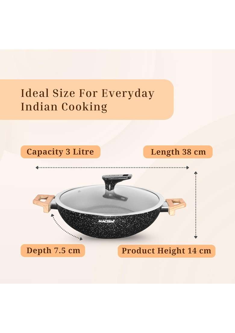 MACclite Hard Rock Die Cast Triumph Non Stick Kadhai with Glass Lid Dia | 3 L | 3.2 Qt | 26 cm | 10.2 Inch | Induction Compatible | Dishwasher Safe - Indya