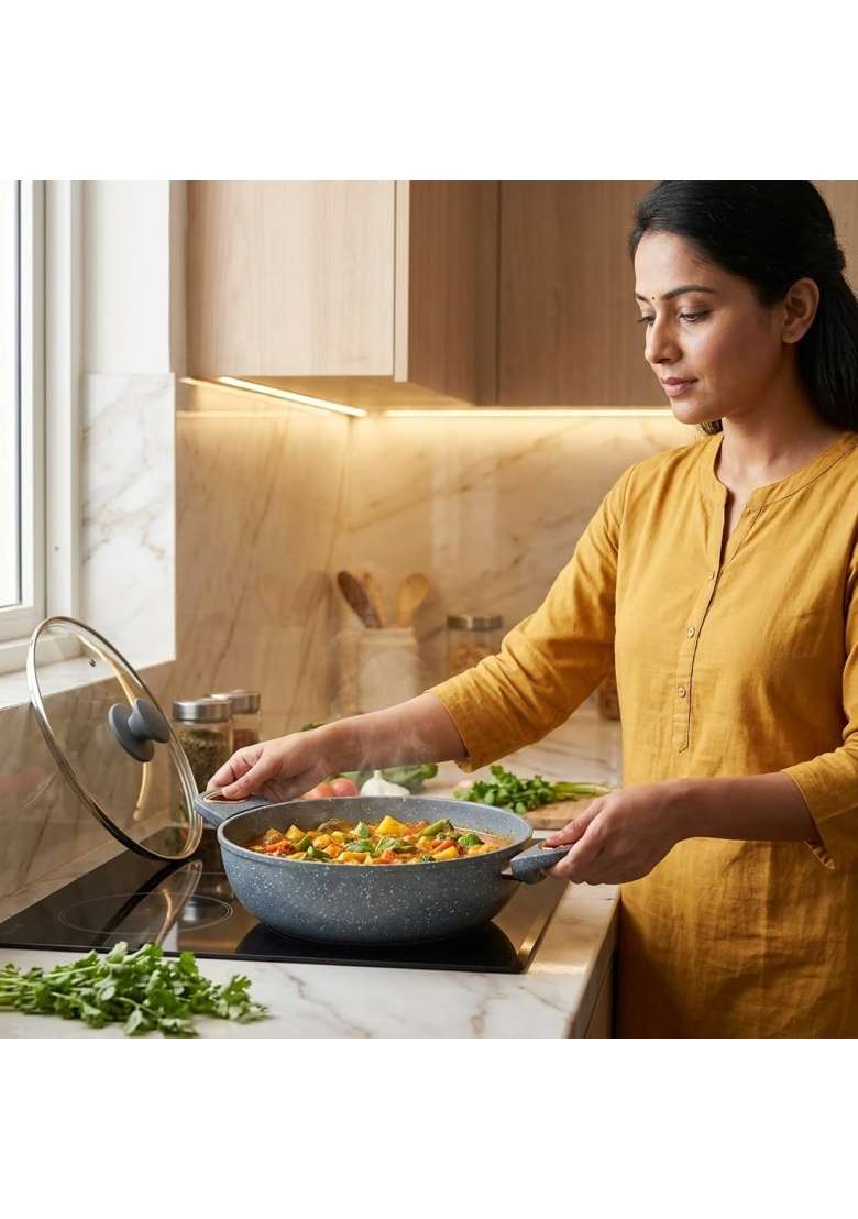 CLASSIC ESSENTIALS Non-Stick Granite Finish | 2.5 L | 2.6 Qt | 24 cm | 9.4 Inch | PFOA Free | With Lid - Indya