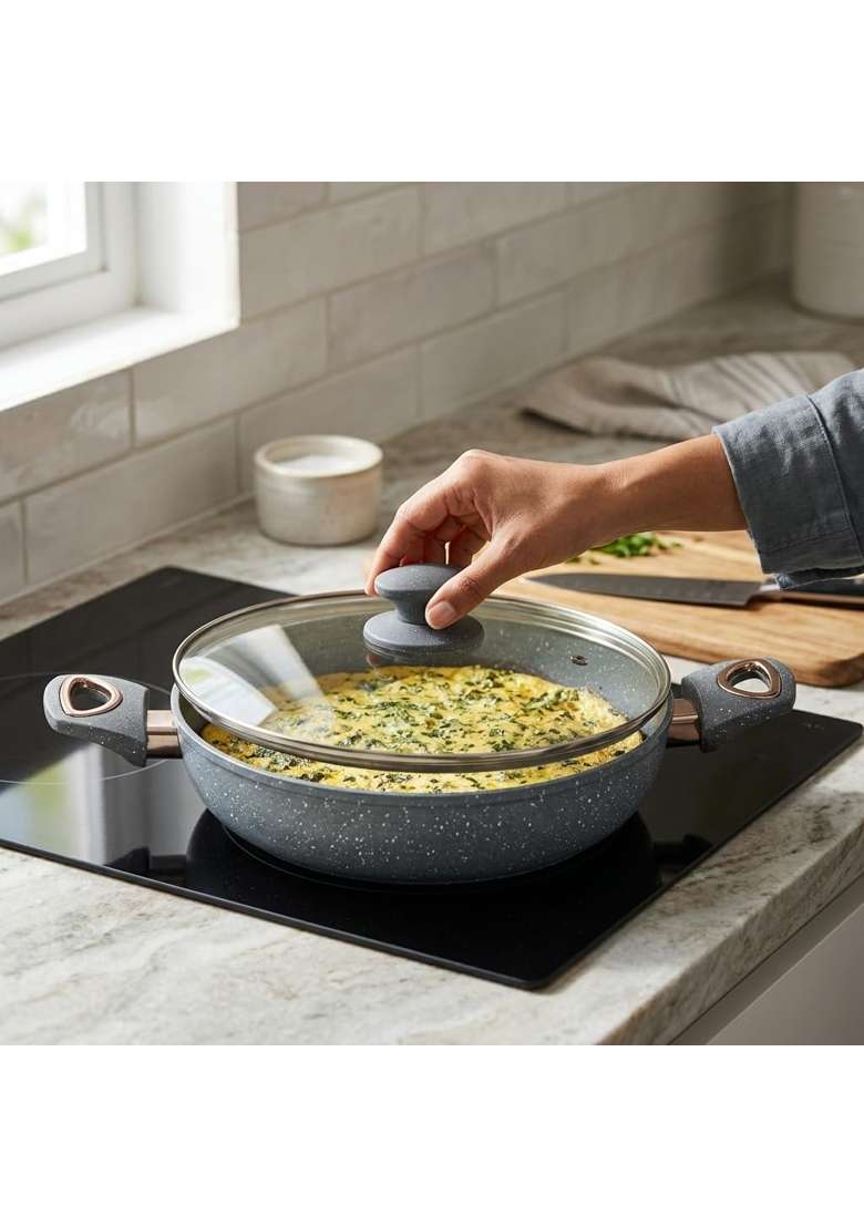 CLASSIC ESSENTIALS Non-Stick Granite Finish | 2.5 L | 2.6 Qt | 24 cm | 9.4 Inch | PFOA Free | With Lid - Indya