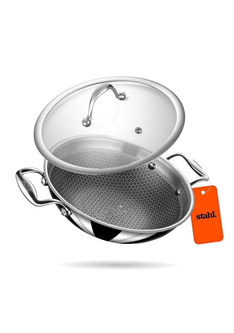 stahl Artisan Hybrid Triply Non Stick Kadai Wok with Lid | 2 L | 2.1 Qt | 22 cm | 8.7 Inch | Induction Compatible - Indya