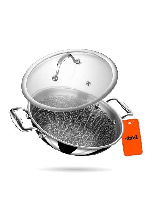 stahl Artisan Hybrid Triply Non Stick Kadai Wok with Lid | 2 L | 2.1 Qt | 22 cm | 8.7 Inch | Induction Compatible