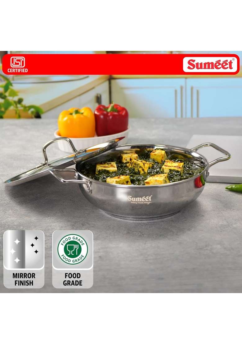 Sumeet ISI Certified Stainless Steel Kadai Wok with Steel Lid and Encapsulated Heavy Bottom | 3 L | 3.2 Qt | 26 cm | 10.2 Inch - Indya