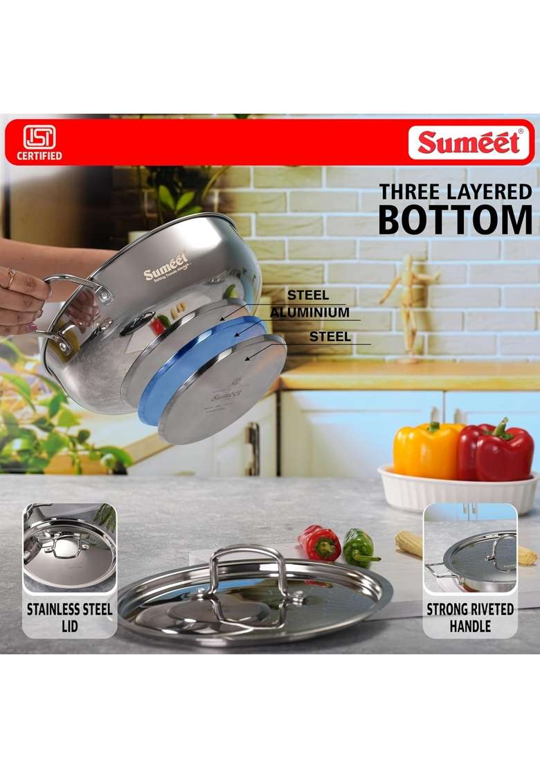 Sumeet ISI Certified Stainless Steel Kadai Wok with Steel Lid and Encapsulated Heavy Bottom | 3 L | 3.2 Qt | 26 cm | 10.2 Inch - Indya