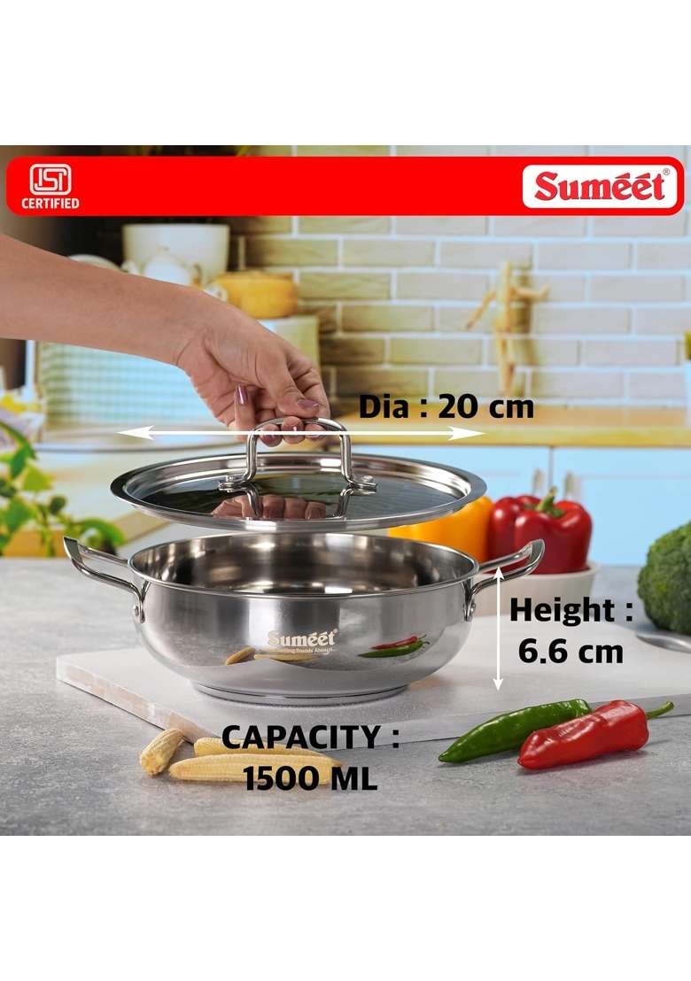 Sumeet ISI Certified Stainless Steel Kadai Wok with Steel Lid and Encapsulated Heavy Bottom | 3 L | 3.2 Qt | 26 cm | 10.2 Inch - Indya