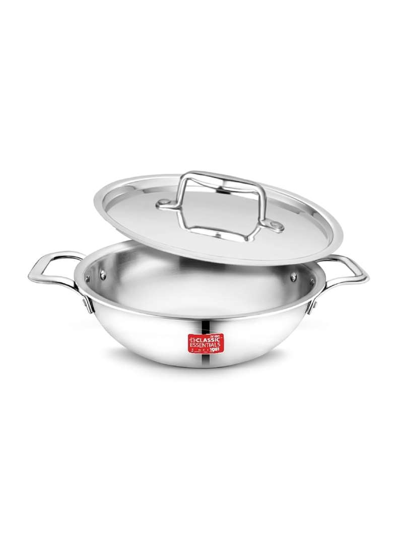 CLASSIC ESSENTIALS Triply Stainless Steel Extra Deep Kadhai Wok with Steel Lid | 2 L | 2.1 Qt | 22 cm | 8.7 Inch | Induction Compatible - Indya