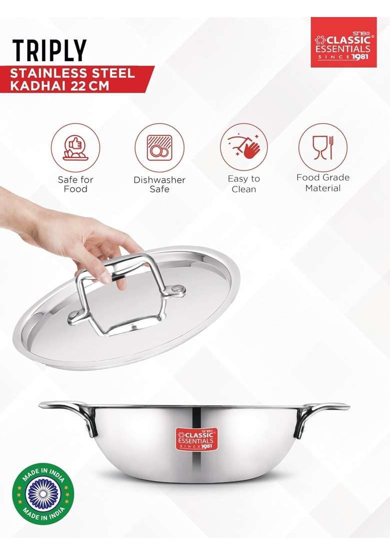 CLASSIC ESSENTIALS Triply Stainless Steel Extra Deep Kadhai Wok with Steel Lid | 2 L | 2.1 Qt | 22 cm | 8.7 Inch | Induction Compatible - Indya