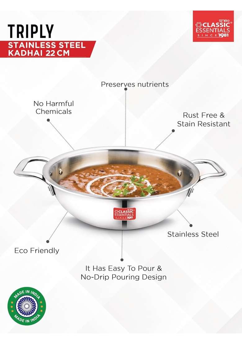 CLASSIC ESSENTIALS Triply Stainless Steel Extra Deep Kadhai Wok with Steel Lid | 2 L | 2.1 Qt | 22 cm | 8.7 Inch | Induction Compatible - Indya