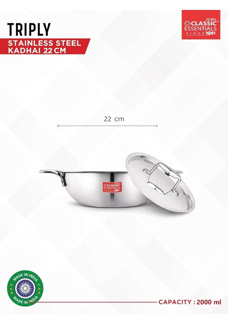 CLASSIC ESSENTIALS Triply Stainless Steel Extra Deep Kadhai Wok with Steel Lid | 2 L | 2.1 Qt | 22 cm | 8.7 Inch | Induction Compatible - Indya