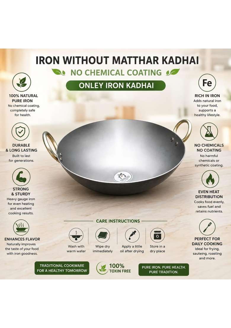 ARSHAN COOKWARE Handmade Iron Hammered Kadhai Without Matthar | 1 L | 1.1 Qt | 28 cm | 11 Inch - Indya