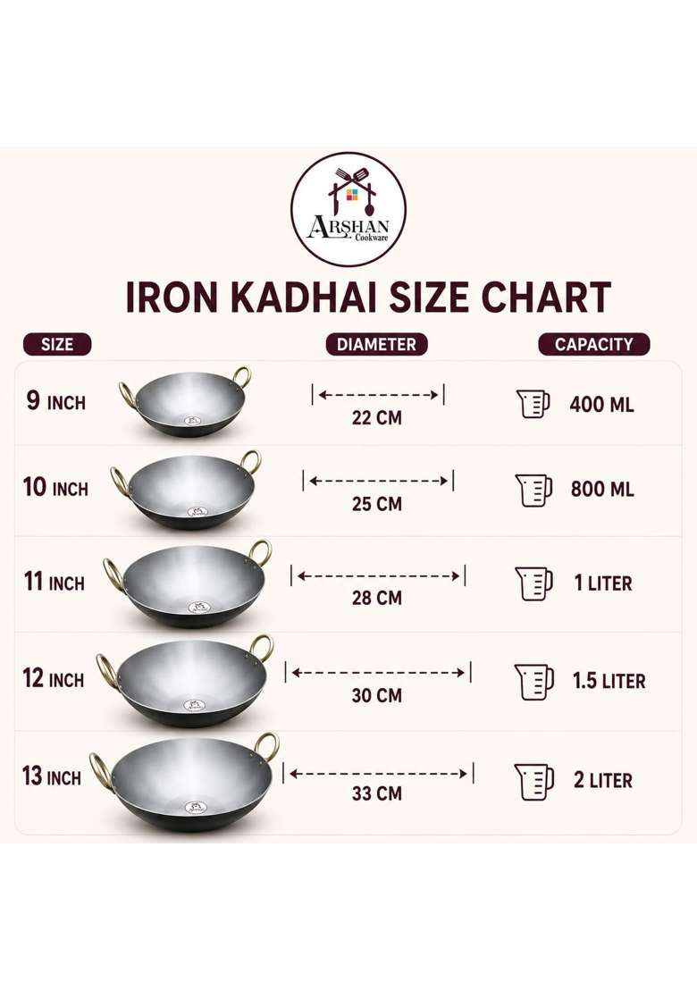 ARSHAN COOKWARE Handmade Iron Hammered Kadhai Without Matthar | 1 L | 1.1 Qt | 28 cm | 11 Inch - Indya