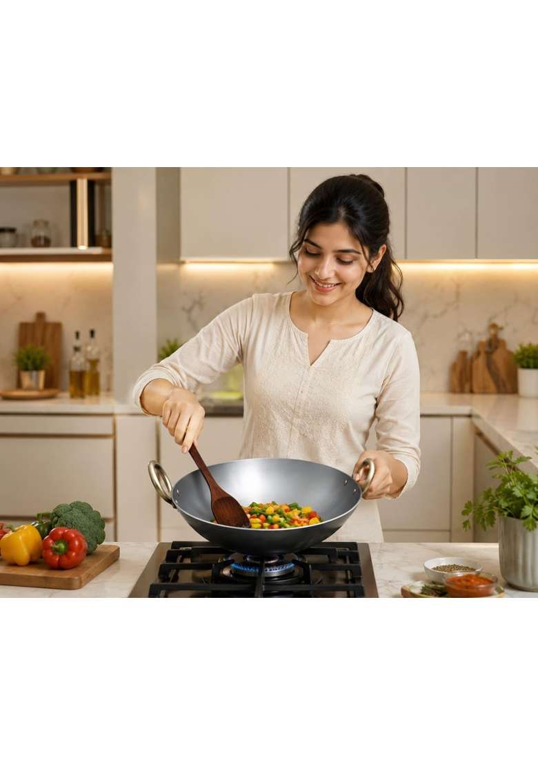 ARSHAN COOKWARE Handmade Iron Hammered Kadhai Without Matthar | 1 L | 1.1 Qt | 28 cm | 11 Inch - Indya