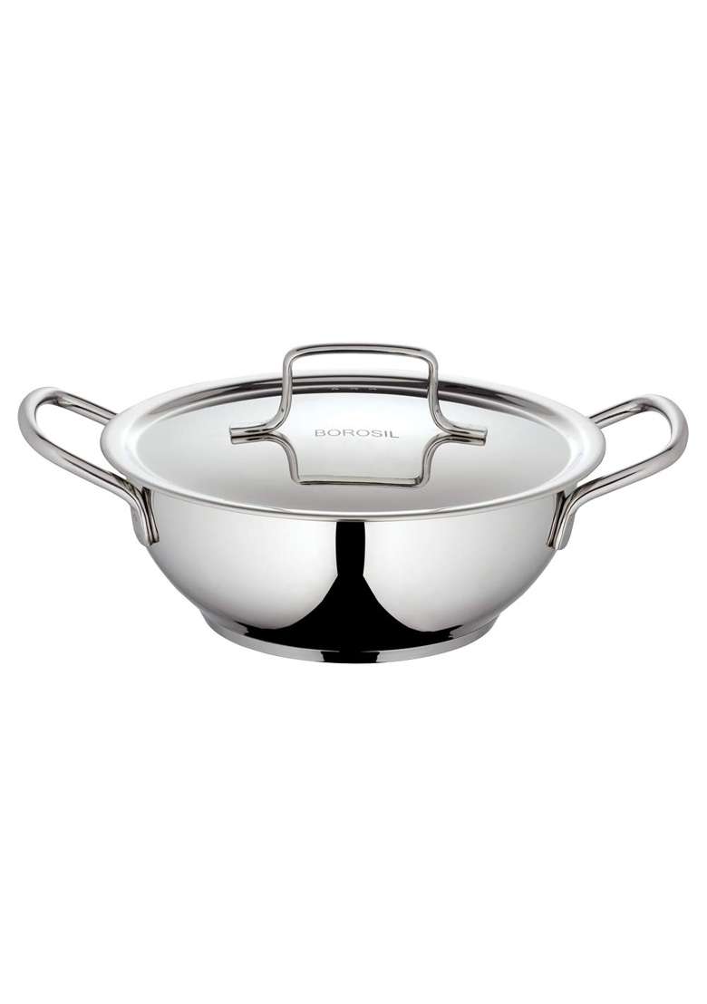 Borosil Stainless Steel Kadhai Wok with Lid | 1.8 L | 1.9 Qt | Induction Compatible | Tri-Ply - Indya