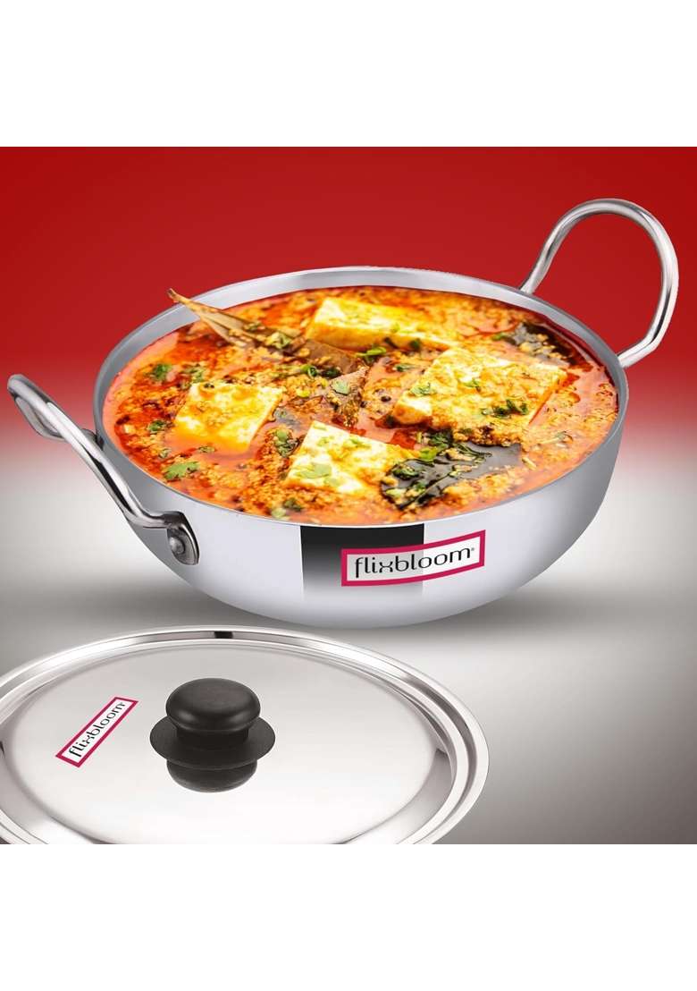 FLIXBLOOM Special Kitchen Thick Aluminium Cookware Kadhai Wok with Handle Induction Base | 5.5 L | 5.8 Qt | With Lid - Indya