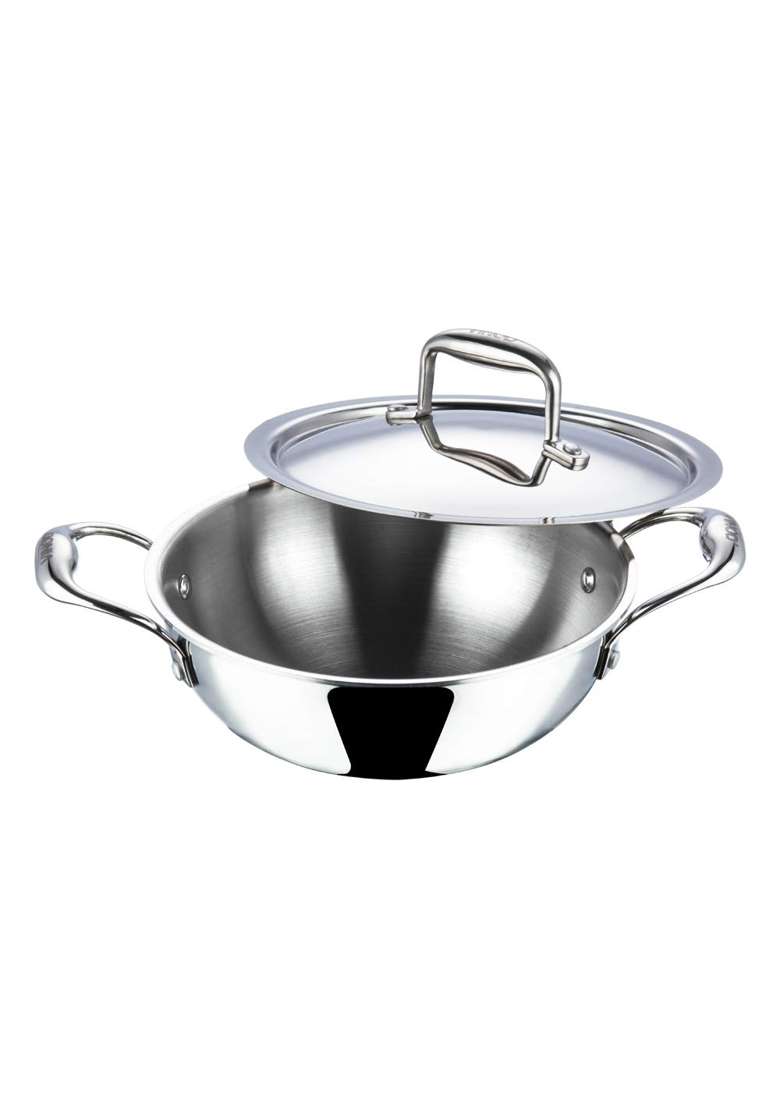 Vinod Platinum Triply Stainless Steel Extra Deep Kadai Wok with Stainless Steel Lid | 1.5 L | 1.6 Qt | 20 cm | 7.9 Inch - Indya