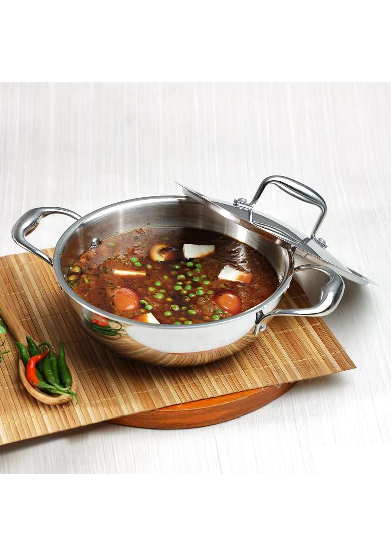 Vinod Platinum Triply Stainless Steel Extra Deep Kadai Wok with Stainless Steel Lid | 1.5 L | 1.6 Qt | 20 cm | 7.9 Inch - Indya