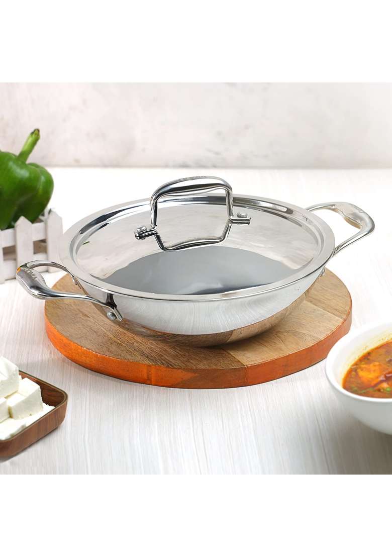 Vinod Platinum Triply Stainless Steel Extra Deep Kadai Wok with Stainless Steel Lid | 1.5 L | 1.6 Qt | 20 cm | 7.9 Inch - Indya