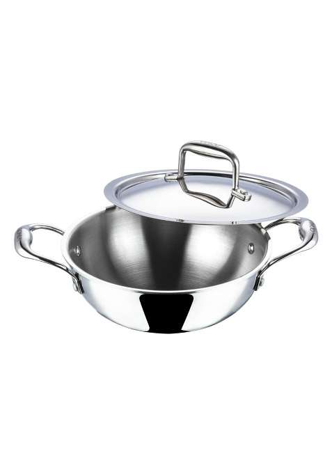 Vinod Platinum Triply Stainless Steel Extra Deep Kadai Wok with Stainless Steel Lid | 1.5 L | 1.6 Qt | 20 cm | 7.9 Inch